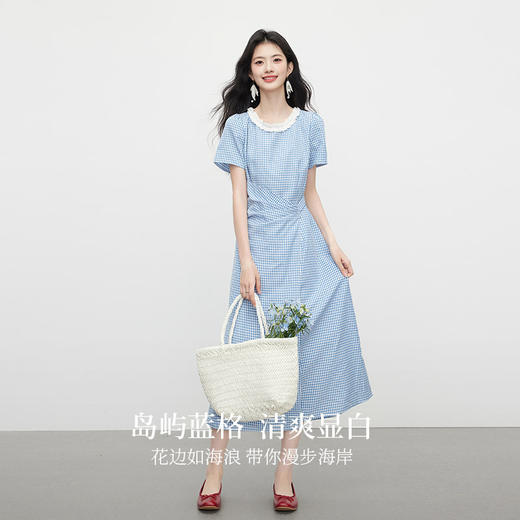 【07/09新品】熙世界蓝色格纹掐腰连衣裙女夏短袖花边圆领独特漂亮收腰气质长裙 商品图3