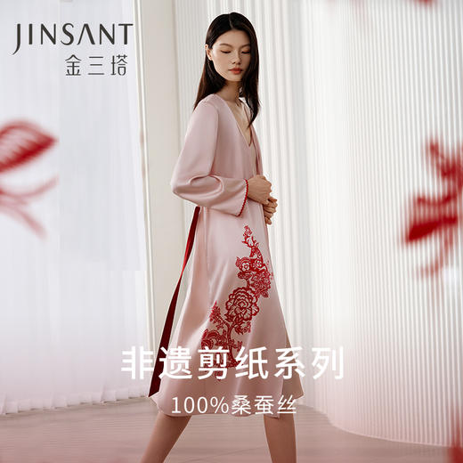 金三塔重磅真丝睡袍女100%桑蚕丝宽松舒适撞色印花家居服单袍  YSFFC101 商品图0