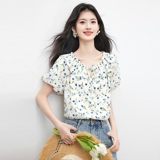 【周四狂欢价】熙世界法式荷叶边碎花衬衫女夏季2025新款浪漫清新花苞袖小衫上衣 商品图2