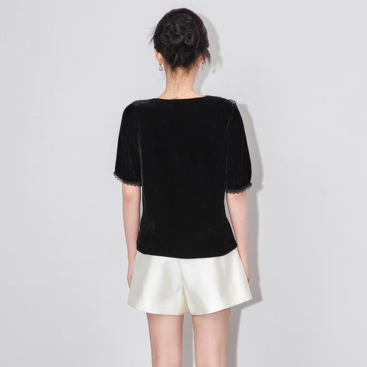 「高货wl」全新升级【铂金会员293/天猫389/差价96】(00030)洛诗琳法式花朵钉珠上衣2025夏季优雅真丝丝绒短袖上衣 商品图1