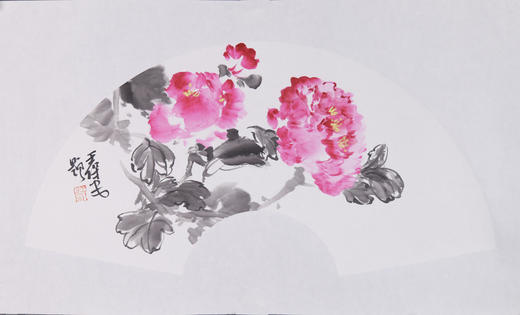 王保安《牡丹之二》国画原作32CM*63CM 手绘宣纸扇面花鸟作品 商品图1