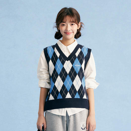 笛莎Deesha青少年女童马甲2025秋季女童学院风萎形格毛织背心 商品图1
