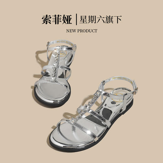 品质好货|Safiya/索菲娅2025高级感一字带水钻罗马凉鞋SFD2115745 商品图4