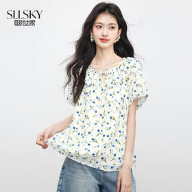 【周四狂欢价】熙世界法式荷叶边碎花衬衫女夏季2025新款浪漫清新花苞袖小衫上衣