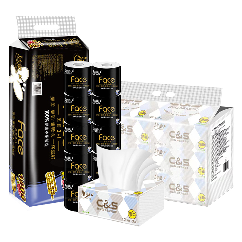 洁柔 黑Face有芯卷纸140g*10卷+赠布艺抽纸100抽6包新老随机 JR-079