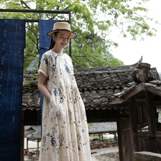 牧衣游原创 印花新疆棉连衣裙新款轻薄文艺古朴新中式长裙 水天清 商品图0