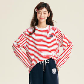 笛莎Deesha青少年女童T恤2025秋季女童红条纹宽松长袖T恤
