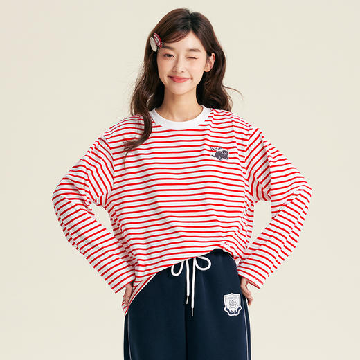 笛莎Deesha青少年女童T恤2025秋季女童红条纹宽松长袖T恤 商品图0