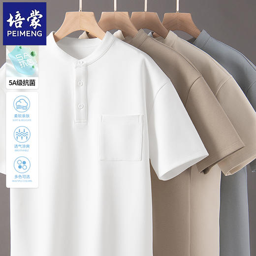 培蒙 夏季薄款亨利领短袖T恤男款休闲运动透气立领半袖上衣T8101 商品图1