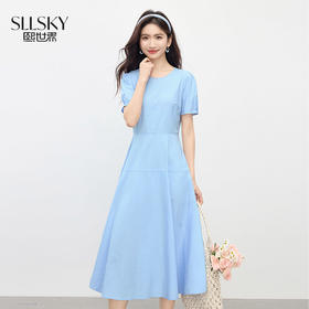 【07/09新品】熙世界极简风通勤浅蓝连衣裙女2025夏季新款气质显瘦短袖收腰长裙