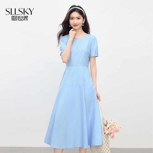 【07/09新品】熙世界极简风通勤浅蓝连衣裙女2025夏季新款气质显瘦短袖收腰长裙 商品图0