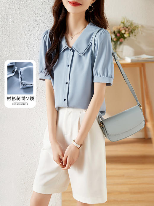 【专属特价】熙世界短袖衬衫女设计感小众2025年夏装新款气质显瘦刺绣翻领上衣 商品图2