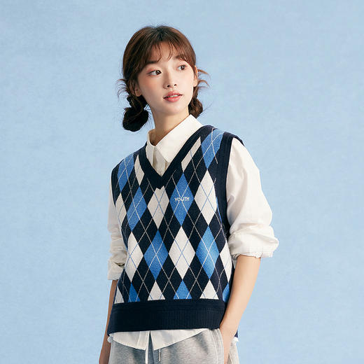 笛莎Deesha青少年女童马甲2025秋季女童学院风萎形格毛织背心 商品图3