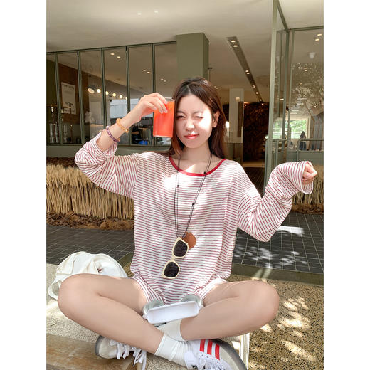 <曾小咸推荐>露背条纹长袖防晒罩衫T恤【预售3-15天发货】 商品图0