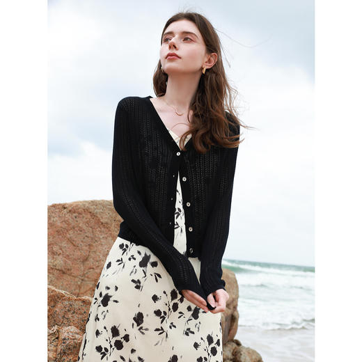 三彩2025秋季新款镂空针织衫V领轻薄毛衫外套短款开衫简约罩衫M 商品图2