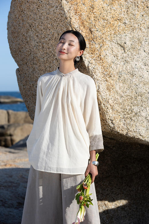 牧衣游原创 提花拼接纯棉套头衫新品轻薄文艺复古民族风上衣 山语 商品图5