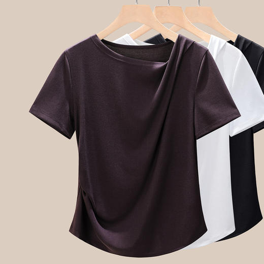 「自」全新升级【铂金会员109/天猫149/差价40】(04710)洛诗琳斜领扭结T2025夏季天丝莱赛尔收腰捏褶正肩设计感上 商品图3