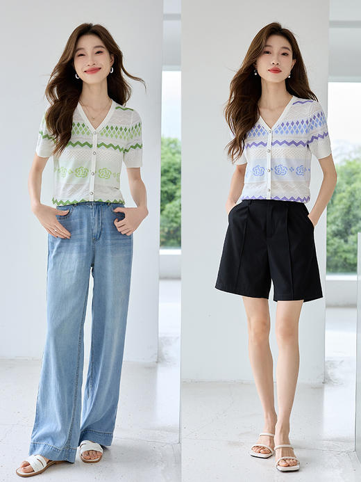 【专属特价】熙世界薄款镂空提花V领针织衫甜美气质短袖冰丝上衣2025夏新款 商品图4