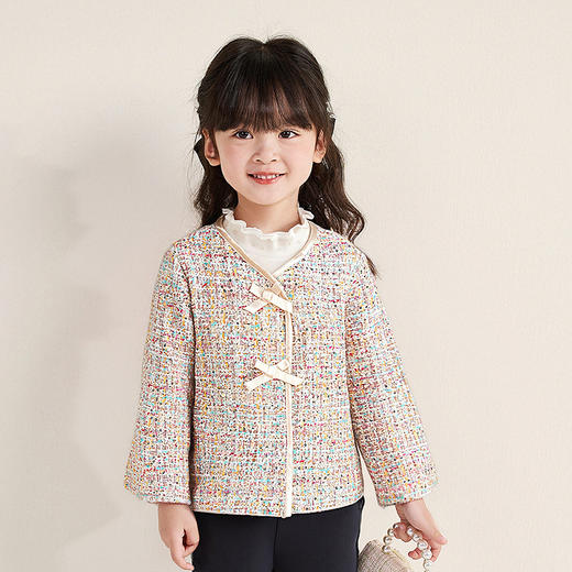 笛莎Deesha 童装女童外套2025秋新款女童金丝香风缎面蝴蝶结装饰外套 商品图0