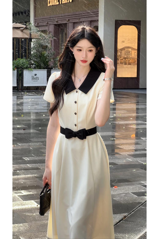 鹿向南「知性优雅」赫本风polo领连衣裙女夏收腰显瘦时尚杏色长裙 商品图5