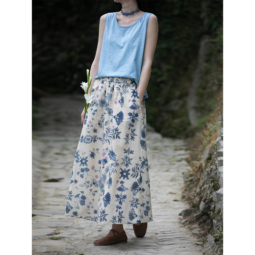 牧衣游原创 手绘印花纯棉半身裙宽松轻薄质朴文艺百搭半裙 禧可 商品图1