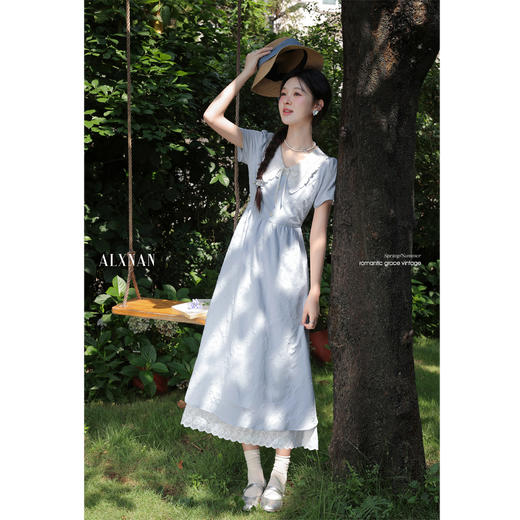 鹿向南「蓝纱缚雾」法式蓝色连衣裙女夏短袖巨好看的掐腰长款裙子 商品图2
