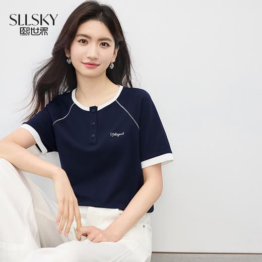 【07/09新品】熙世界运动风撞色圆领T恤女夏2025新款字母印花凉感短袖体恤上衣 商品图0