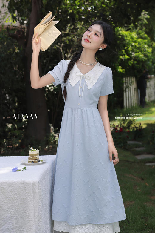 鹿向南「蓝纱缚雾」法式蓝色连衣裙女夏短袖巨好看的掐腰长款裙子 商品图5