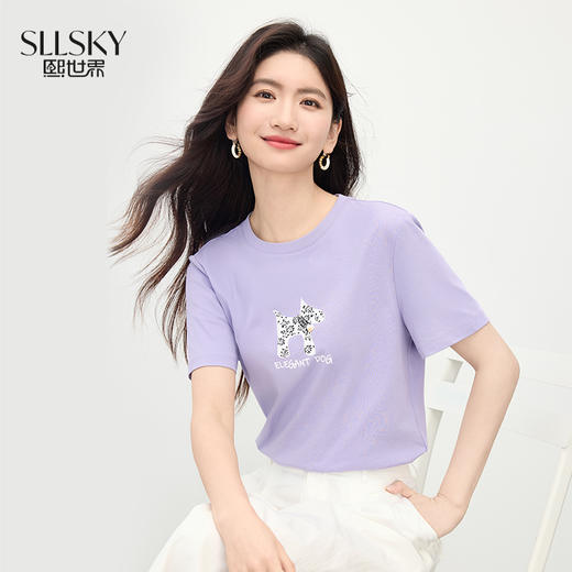 【07/09新品】熙世界小狗印花T恤短袖女2025夏日新款休闲气质圆领正肩体恤上衣 商品图0