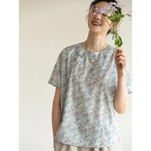 牧衣游原创夏花印花纯棉套头衫轻薄文艺碎花新中式上衣小衫  满弦 商品图3