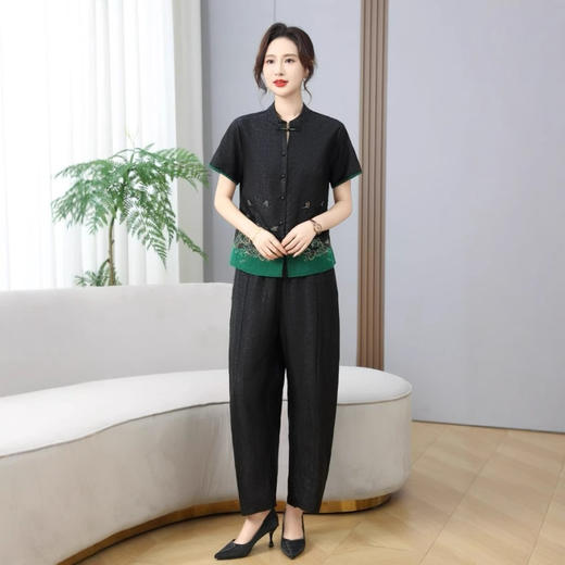 丁摩真丝香云纱龟纹夏季桑蚕款新中式下摆刺绣短袖AL2560 商品图2