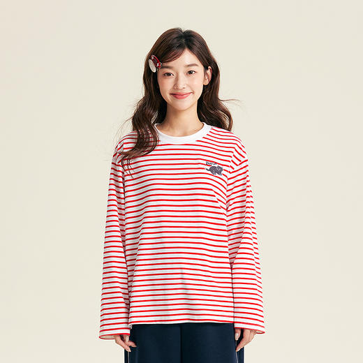 笛莎Deesha青少年女童T恤2025秋季女童红条纹宽松长袖T恤 商品图1