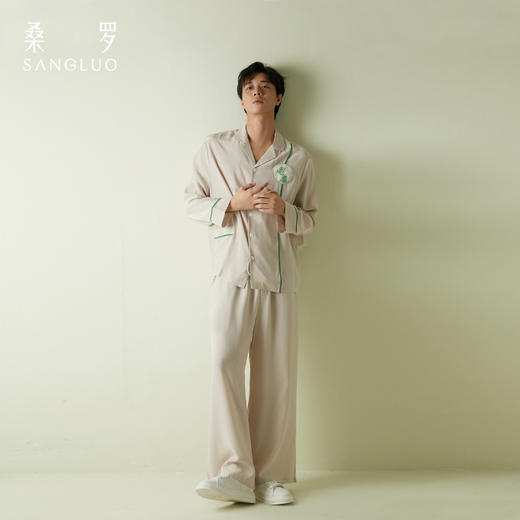 SANGLUO地球日真丝睡衣套装男士撞色100%桑蚕丝柔滑可外穿家居服 商品图4