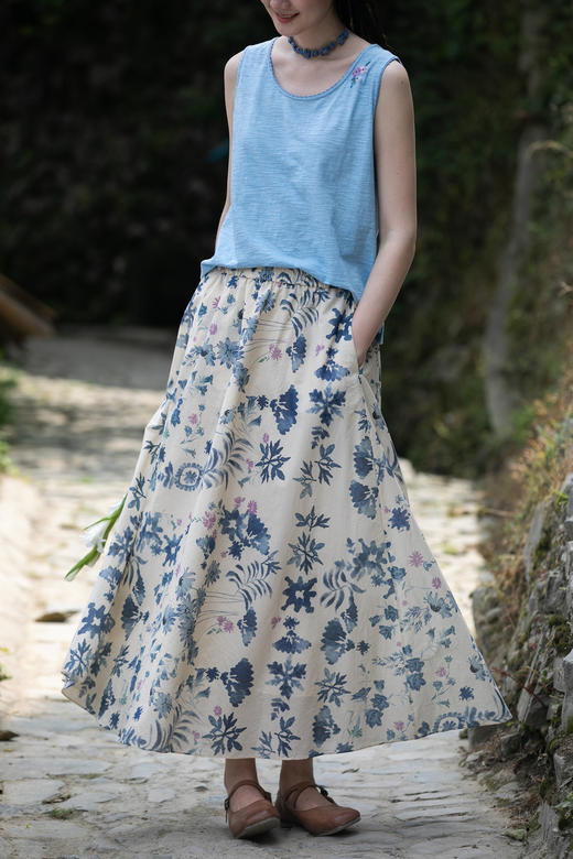 牧衣游原创 手绘印花纯棉半身裙宽松轻薄质朴文艺百搭半裙 禧可 商品图5