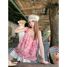 <曾小咸推荐>韩系小撞色印花系带甜美宽松吊带背心