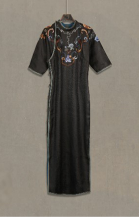 盛唐牡丹盛奢系列| 真丝香云纱如意领手绣旗袍裙-黑色