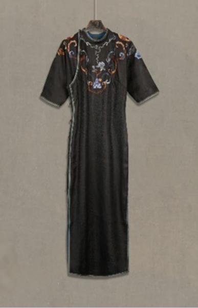 盛唐牡丹盛奢系列| 真丝香云纱如意领手绣旗袍裙-黑色 商品图0
