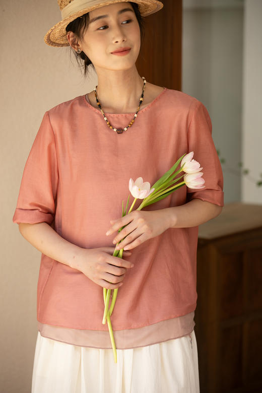 牧衣游原创 丝棉轻薄套头衫新款舒适圆领简约文艺百搭上衣 竹音 商品图5