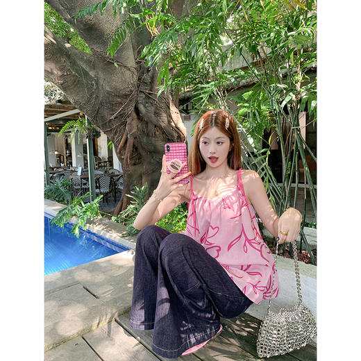 <曾小咸推荐>韩系小撞色印花系带甜美宽松吊带背心 商品图1