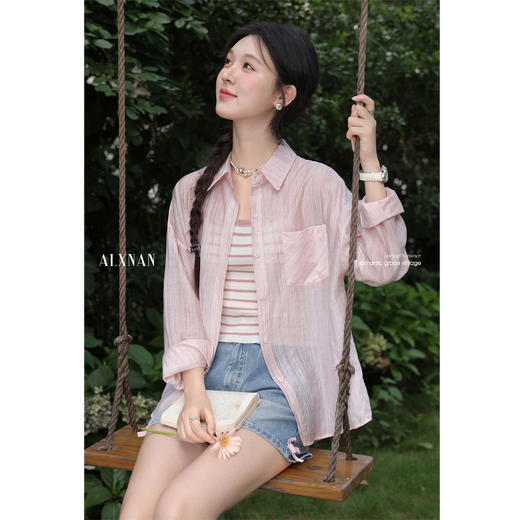 鹿向南「花蝶庄园」粉色长袖衬衫防晒衣女夏季轻薄小个子开衫上衣 商品图4