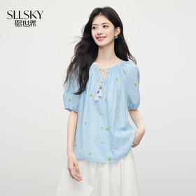 【周末秒杀】熙世界小清新植物刺绣衬衫女夏季新款宽松显瘦流苏系带泡泡袖上衣