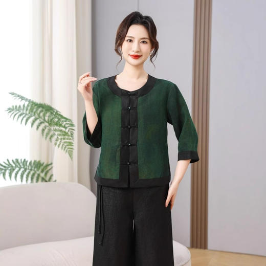 丁摩真丝香云纱新中式真丝夏季宽松7分袖100%桑蚕丝上衣AL5603 商品图0