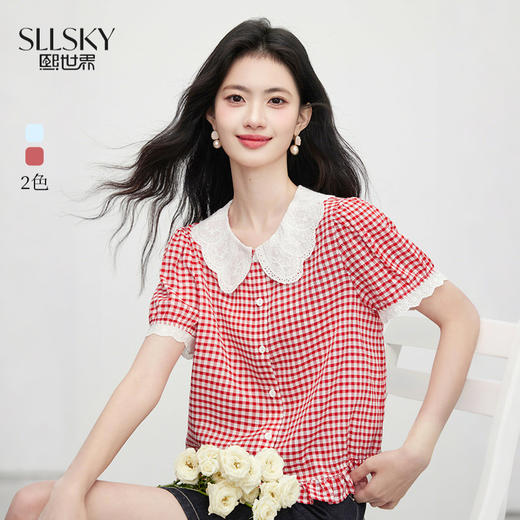 【07/09新品】熙世界蕾丝花边翻领格纹衬衫女设计感夏季短袖甜美减龄娃娃衫上衣 商品图0