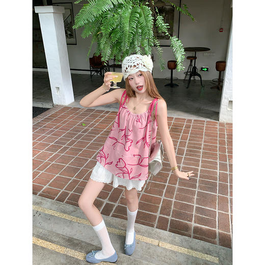 <曾小咸推荐>韩系小撞色印花系带甜美宽松吊带背心 商品图4