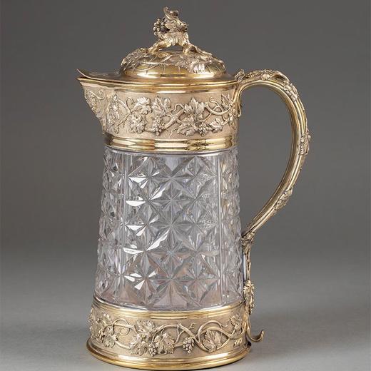 【已售】独角鹿西洋古董法国著名金银器工坊ODIOT出品葡萄藤蔓主题纯银鎏金精雕装饰菱格纹水晶酒壶 商品图0