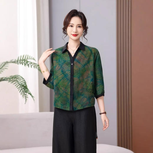 丁摩真丝香云纱新中式夏季宽松7分袖100%桑蚕丝上衣AL56030 商品图2