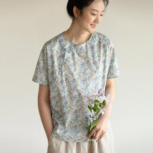 牧衣游原创夏花印花纯棉套头衫轻薄文艺碎花新中式上衣小衫  满弦 商品图0
