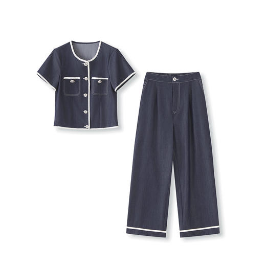 「高货wl」全新升级【铂金会员404/天猫539/差价135】(99901)洛诗琳夏季时尚撞色花边天丝竹节牛仔上衣牛仔裤套装女 商品图4