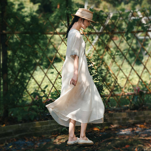 雀说高品质苎麻刺绣民族风连衣裙棉麻显瘦文艺夏季宽松气质大摆裙长裙ALS490 商品图1