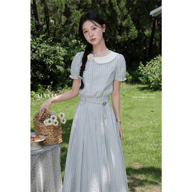 鹿向南「山茶眼泪」设计感杏色竖条纹短袖连衣裙女夏新款收腰长裙